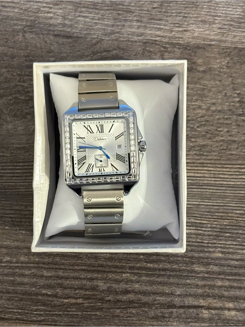 Cartier Men's Stainless Steel Square Watch with Blue Hands